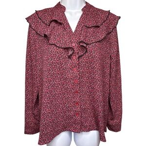 THE SHIRT x ROCHELLE BEHRENS Red Floral Ruffle Button Up Blouse XS Coquette Chic